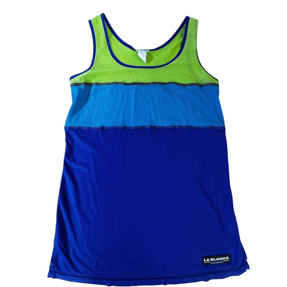 Vintage La Blanca Sport Mesh Tank Top Small Tall Colorblock Blue Green USA 80s